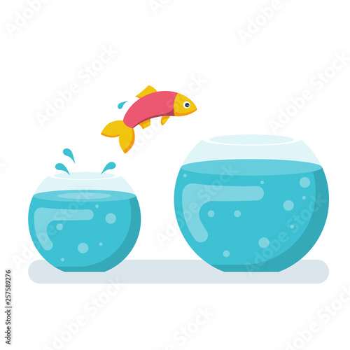 Potential fish jumping to biger fishbowl. Creative solution. Innovation way. Fish jumping out from small aquarium. Vector illustration flat design. Isolated white background. Highest level, new stage.