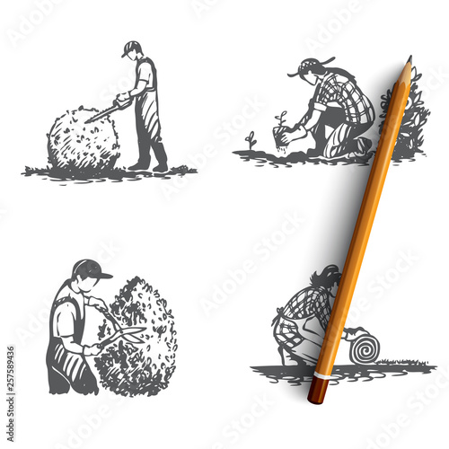 Landscaping- lawn mowing, seedlings, lawn lash, bush cutting vector concept set