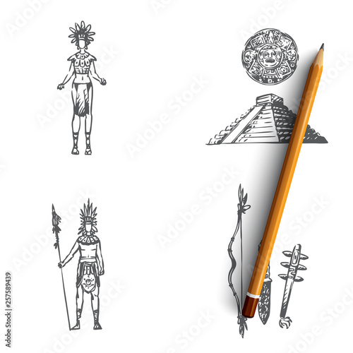 Maya civilization - Maya people, tools and pyramid vector concept set
