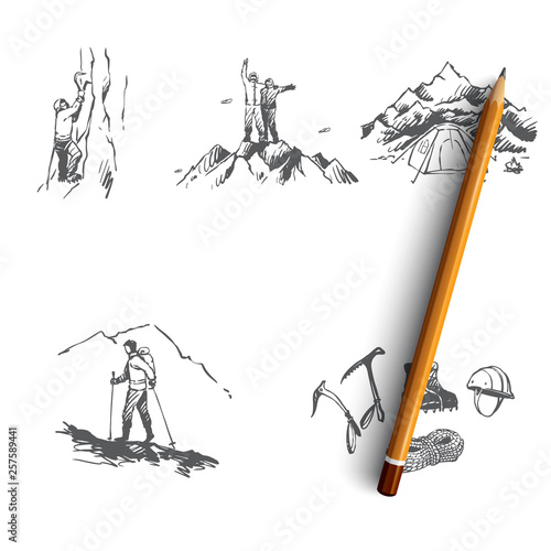 Mountaineering - sportsmen climbing mountains, camping and special equipment vector concept set