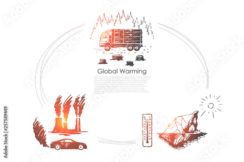 Global warming - factory pollution, iceberg melting, cutting down trees vector concept set