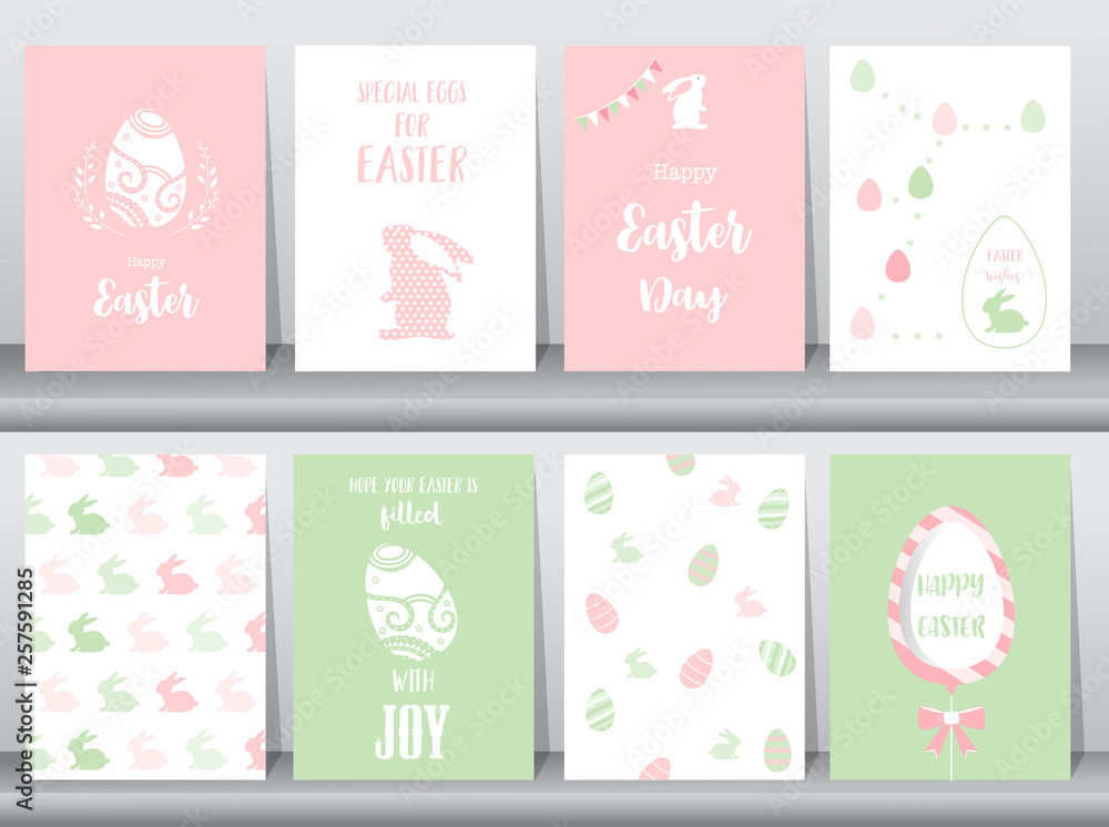 Set of Easter greeting cards,template,rabbits,eggs,Vector illustrations Set of Easter greeting cards,template,rabbits,eggs,Vector illustrations
