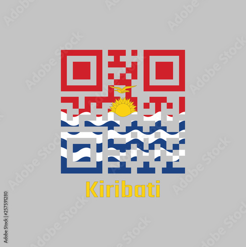 QR code set the color of Kiribati flag, red and blue with the yellow frigate bird flying over the rising sun and three white wavy.