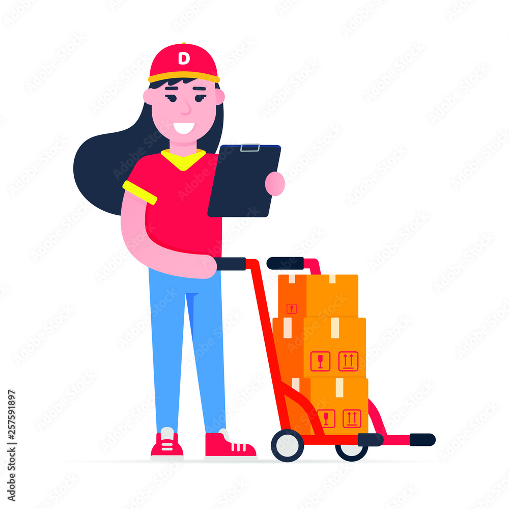 Fast delivery girl character with clipboard and trolley and boxes on it flat style design vector illustration. Delivery woman with clipboard in her hands. Symbol of delivery company. Fast and free. Fast delivery girl character with clipboard and trolley and boxes on it flat style design vector illustration. Delivery woman with clipboard in her hands. Symbol of delivery company. Fast and free.