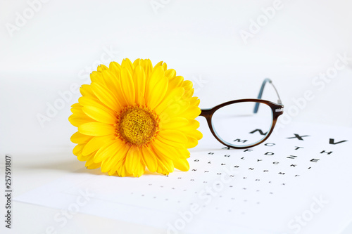 Occhiali da vista, fiore giallo, pezzuola e foglio stampato tabella optometrica su uno sfondo bianco photo