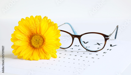 Occhiali da vista, fiore giallo, pezzuola e foglio stampato tabella optometrica su uno sfondo bianco photo