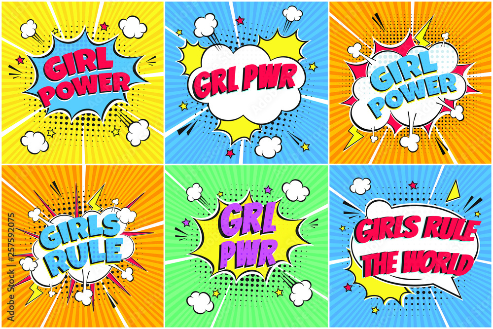 6 Comic Lettering GRL PWR, GIRL POWER, GIRLS RULE Set In The Speech Bubbles Comic Style Flat Design. Exclamation Concept Of Comic Book Style Pop Art Voice Phrase Isolated On rays Background.