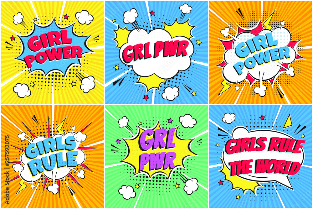 6 Comic Lettering GRL PWR, GIRL POWER, GIRLS RULE Set In The Speech Bubbles Comic Style Flat Design. Exclamation Concept Of Comic Book Style Pop Art Voice Phrase Isolated On rays Background. 6 Comic Lettering GRL PWR, GIRL POWER, GIRLS RULE Set In The Speech Bubbles Comic Style Flat Design. Exclamation Concept Of Comic Book Style Pop Art Voice Phrase Isolated On rays Background.