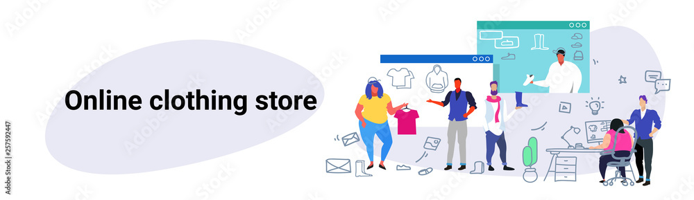 people doing online shopping fashion men women choosing items using computer application clothing store concept e-commerce sketch doodle horizontal banner