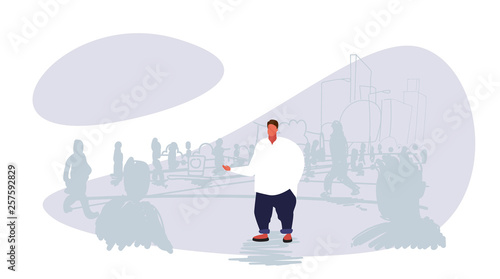 obese fat man standing out from crowd people silhouettes over size guy different individuality concept cityscape background sketch doodle horizontal
