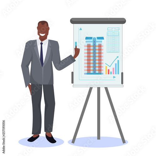 man architect african american engineer showing new drawing building on easel board panning project concept house blueprint horizontal full length