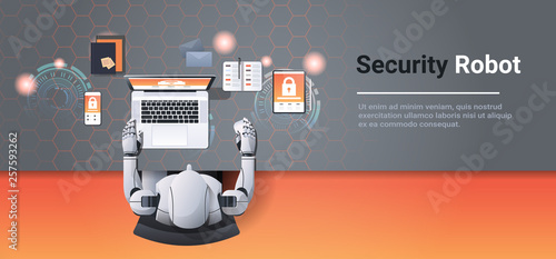 humanoid using digital devices cyber security network privacy data protection concept robot at workplace artificial intelligence top angle desktop view horizontal copy space