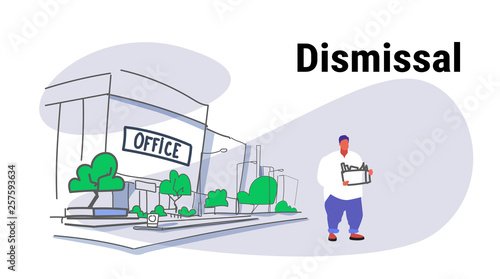 sadness overweight worker carrying box with things dismissal concept dismissed man going away unemployment crisis office building cityscape sketch doodle full length horizontal