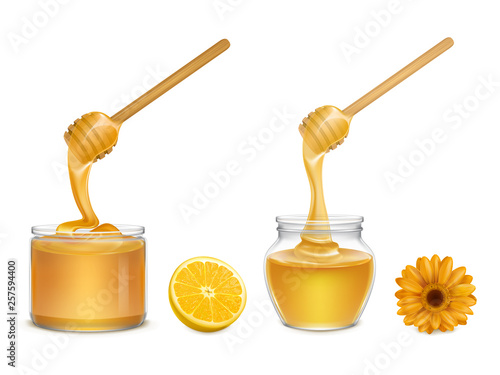 Fresh honey flowing and dripping from wooden dipper in various form glass jars, orange slice and flower 3d realistic vector isolated on white background. Natural, organic food product illustration