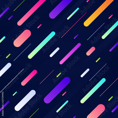 Abstract colorful dynamic geometric pattern diagonal lines on dark blue background. Retro style