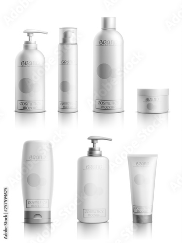 Skincare cosmetics products line packaging mockup 3d realistic vector isolated on white background. Blank white shampoo, lotion tube, liquid soap bottle with dispenser, deodorant sprayer illustration