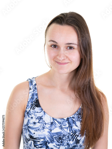 Portrait of young beautiful caucasian woman in blue dress cheerful smiling looking at camera © OceanProd