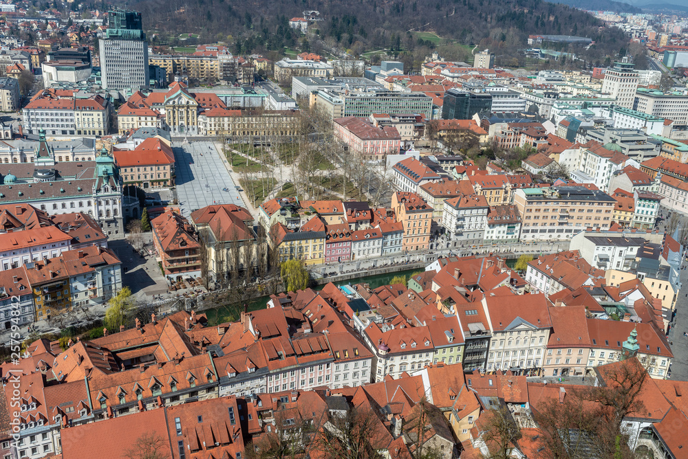 View from the above of a city of Ljubljana