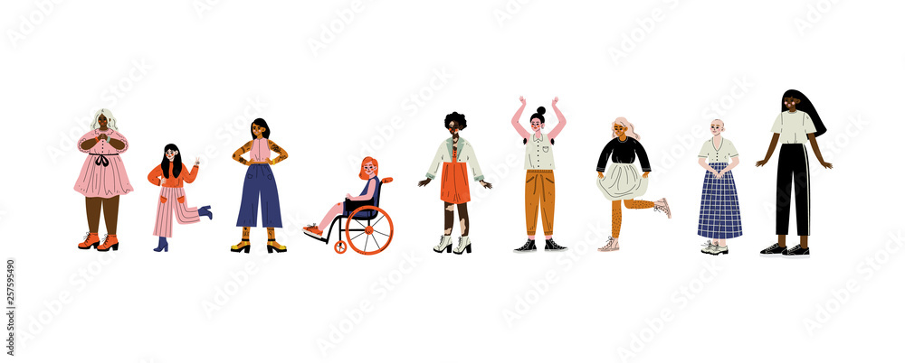 Young Women of Different Appearances Set, Female Characters Loving Their Body, Self Acceptance, Beauty Diversity, Body Positive Vector Illustration