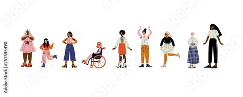 Young Women of Different Appearances Set, Female Characters Loving Their Body, Self Acceptance, Beauty Diversity, Body Positive Vector Illustration
