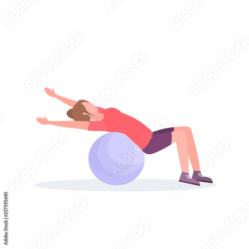 sporty woman lying fitness ball girl doing exercises training in gym aerobic pilates workout healthy lifestyle concept flat white background