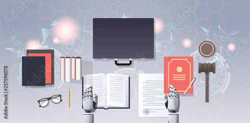 robot lawyer or judge reading law book humanoid working at workplace with gavel books and briefcase artificial intelligence justice concept top angle desktop view horizontal