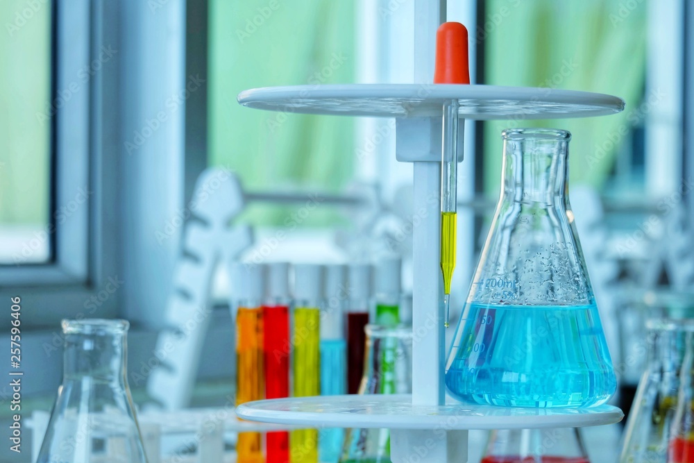 Chemical tube set development and pharmacy in laboratory with multicolored substances in laboratory - Image Chemical tube set development and pharmacy in laboratory with multicolored substances in laboratory - Image