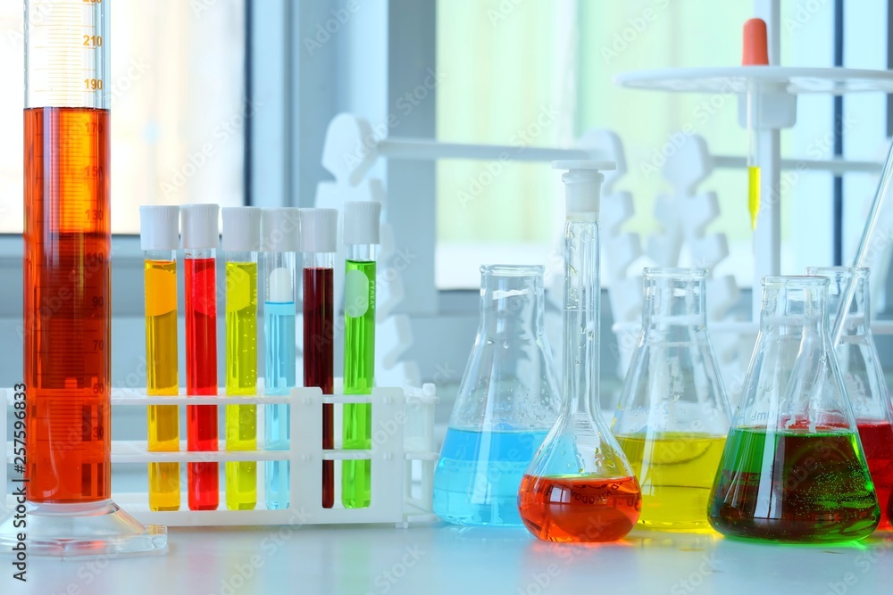 Chemical tube set development and pharmacy in laboratory with multicolored substances in laboratory - Image Chemical tube set development and pharmacy in laboratory with multicolored substances in laboratory - Image