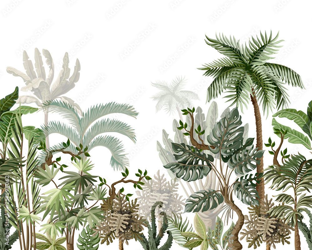 Fototapeta Seamless border with tropical tree such as palm, banana, monstera. Vector.