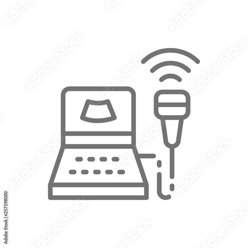 Ultrasound diagnostic machine, medical research, gynecology clinic line icon.