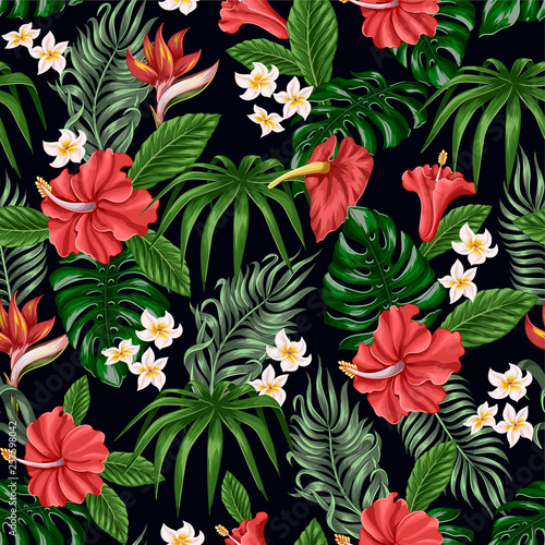 Seamless pattern with Tropical flowers and leaves such as banana  palm  monstera leaf and narcissus  hibiscus  plumeria.