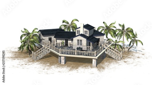 Deckhouse with palm trees on a sand area - isolated on white background