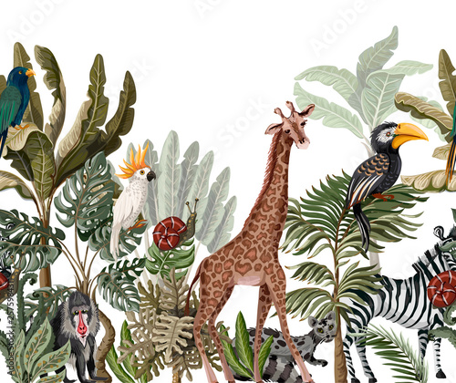 Seamless border with tropical tree such as palm, banana and jungle animals. Vector.