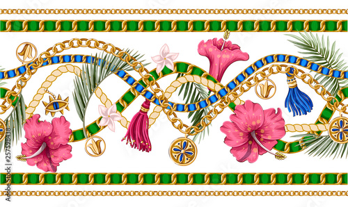 Seamless summer pattern with chains and tropical leaves and flowers. Trendy fashion print.