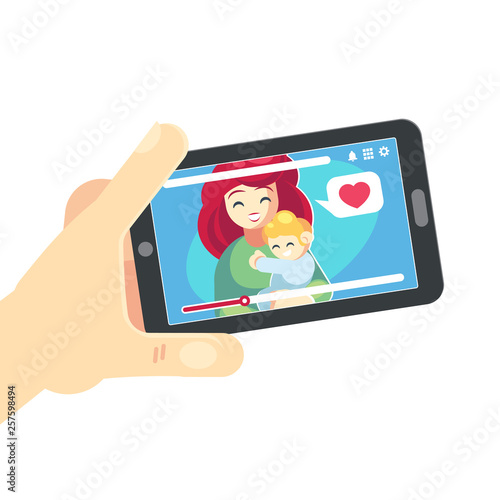 Vector flat cartoon illustration of Family call concept precious memories moments of life. Young family mother and child video love and connection through smartphone. Human hand hold device.