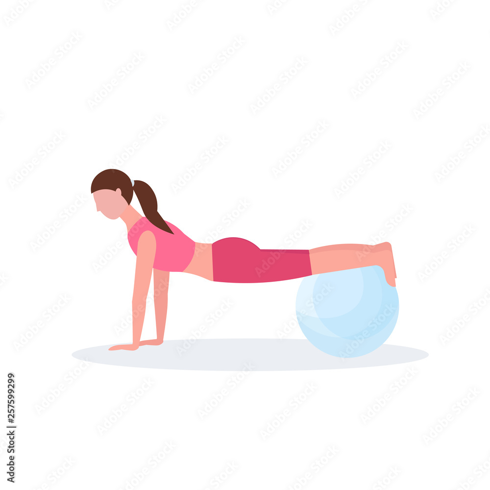 sporty woman doing exercises with fitness ball girl training in gym aerobic pilates workout healthy lifestyle concept flat white background sporty woman doing exercises with fitness ball girl training in gym aerobic pilates workout healthy lifestyle concept flat white background