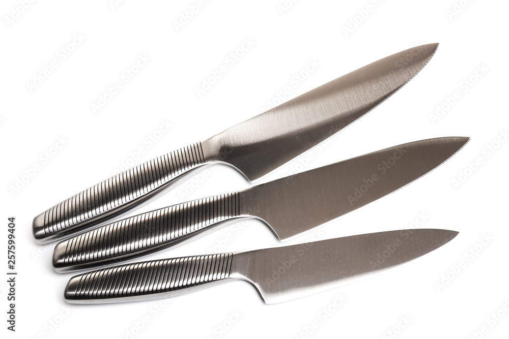 Obraz premium Set of steel kitchen knives on white background
