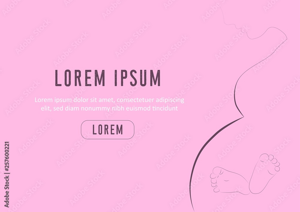 Pregnant woman silhouette with little legs in belly on pink background. For banner or web site