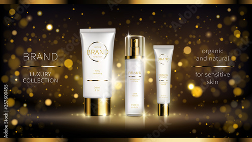 Night intensively revitalizing cosmetic series realistic vector ads poster. White bottle with golden cap, luxury cosmetics on dark background with glowing bokeh. Mock up for glossy magazine