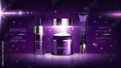 Night cosmetic series for face skin care, realistic vector. Plastic cream jar and serum, tube with eye gel. Cosmetics on purple shining background with light flashes, stars Mock Up for glossy magazine