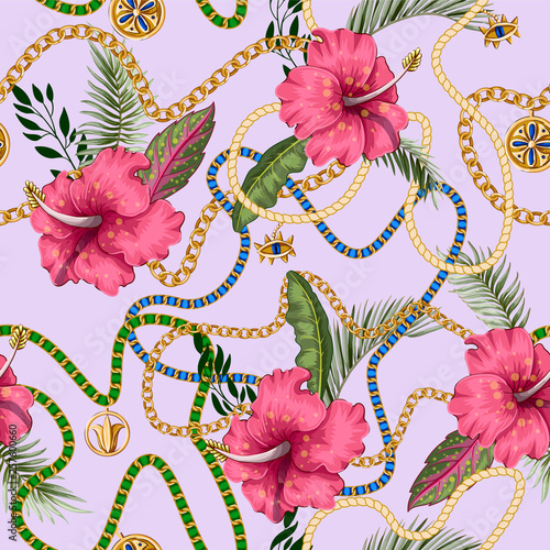 Seamless summer pattern with belts, chains and tropical leaves and flowers. Trendy fashion print.