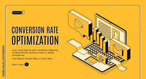 Conversion rate optimization isometric vector web banner with digital content on laptop screen illustration. Internet marketing technology, e-commerce sales optimization service landing page template