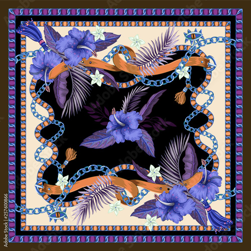 Design scarf with belts, chains and tropical leaves and flowers. Trendy fashion print.