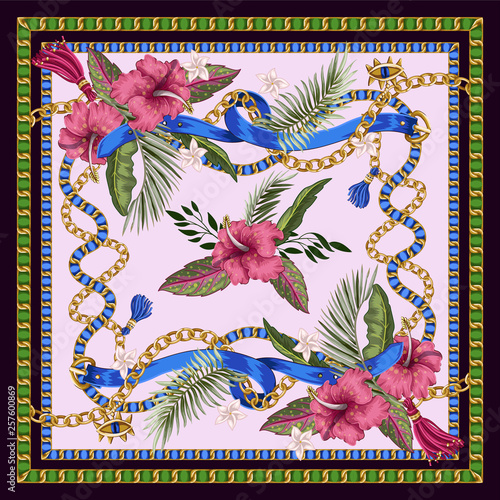 Design scarf with belts, chains and tropical leaves and flowers. Trendy fashion print.