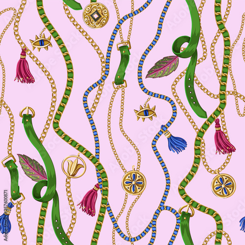 Seamless summer pattern with belts, chains and tropical leaves . Trendy fashion print.