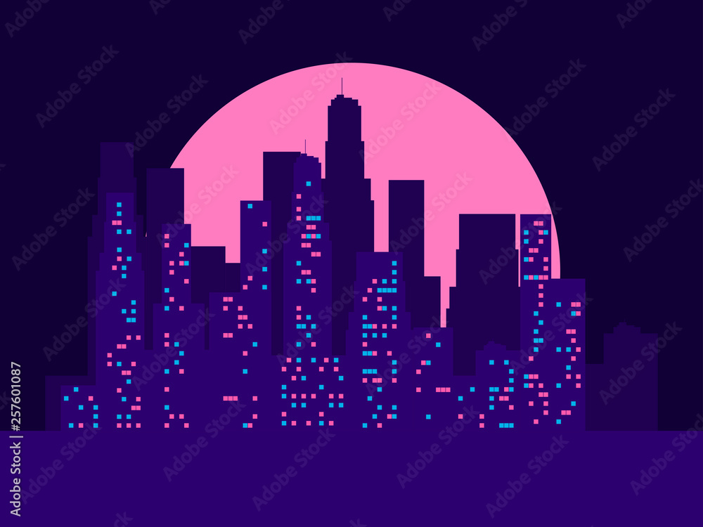 Cityscape with skyscrapers in the style of the 80s. Retro futurism. City sunset. Light in the windows. Vector illustration