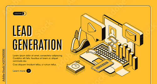 Lead generation Internet marketing strategy isometric projection vector web banner, landing page template. E-commerce sales performance research, online business conversion infographics illustration