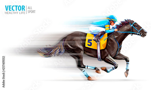Jockey on racing horse. Champion. Hippodrome. Racetrack. Horse riding. Derby. Speed. Blurred movement. Isolated on white background. Vector illustration.