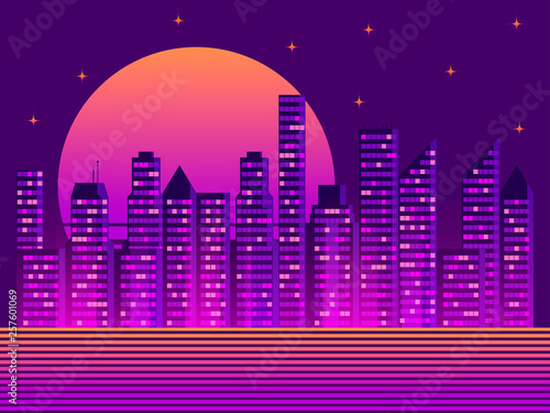Cityscape with skyscrapers in the style of the 80s. Retro futurism. City sunset. Light in the windows. Vector illustration