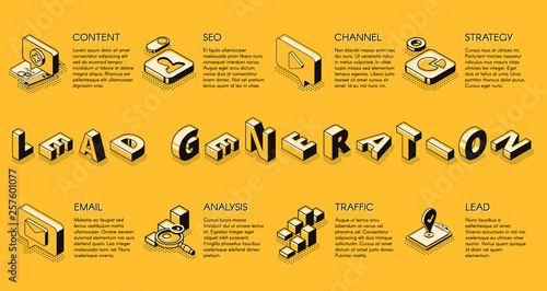 Lead generation internet business marketing strategy isometric projection vector banner, poster, presentation infographics slide with business icons set illustration. E-commerce digital technologies